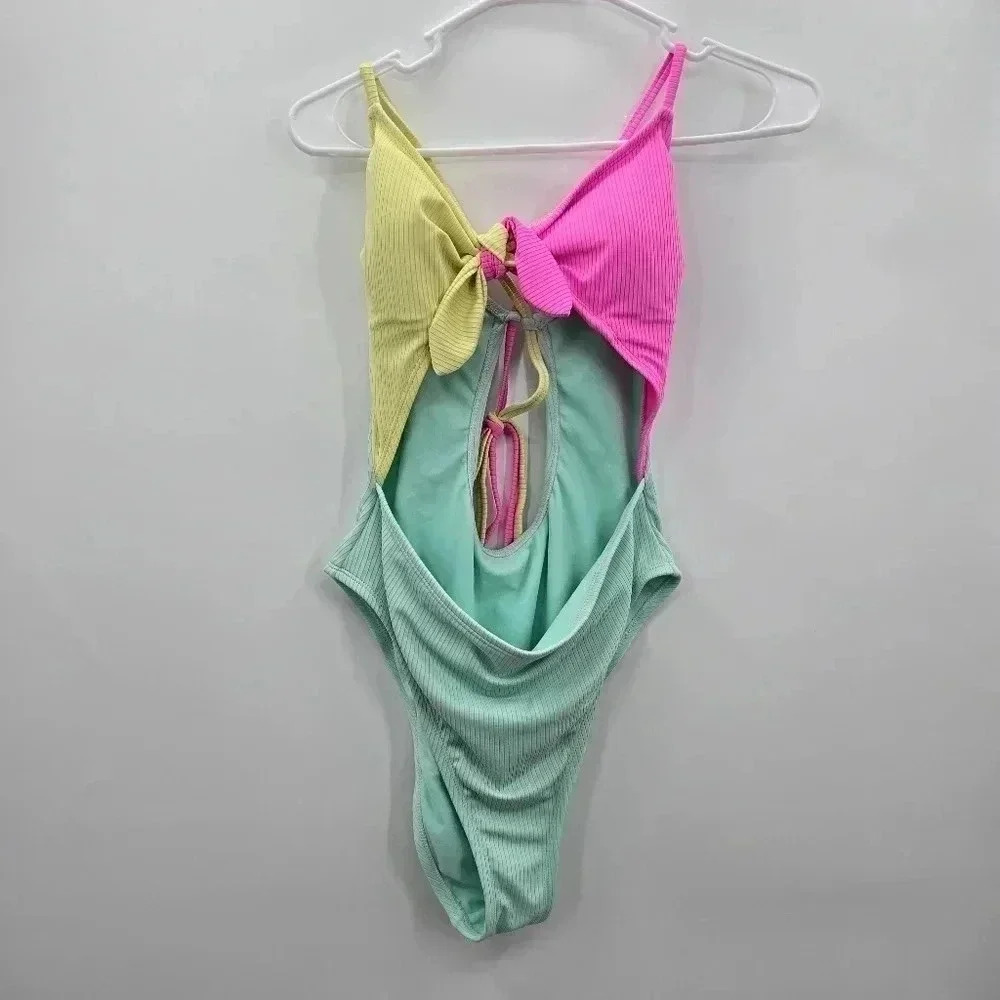 Multi Color Y2K Glam Resort Beach One Piece Vacation Cute Cutout Swimsuit Large